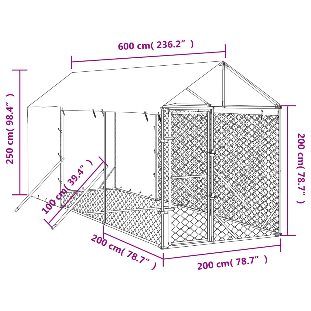 vidaXL Perrera de exterior con toldo acero galvanizado plata 2x6x2,5 m, , large Imagen numero 3